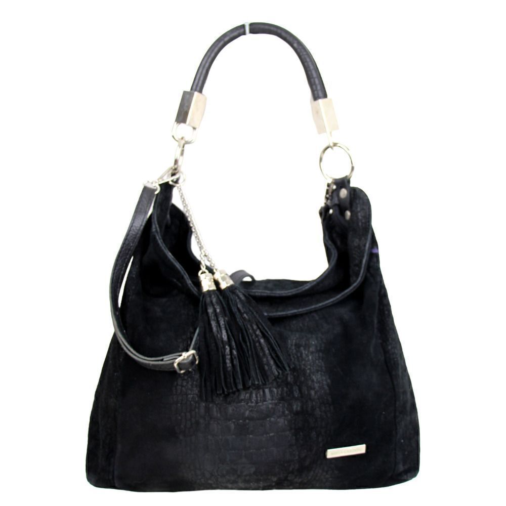 SOFIA CARDONI MADE IN ITALY BLACK SUEDE CROCO PRINT SHOULDER BAG HANDBAG HOBO